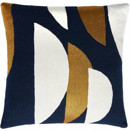 Judy Ross Textiles Hand-Embroidered Chain Stitch Slice Throw Pillow navy/cream/gold rayon